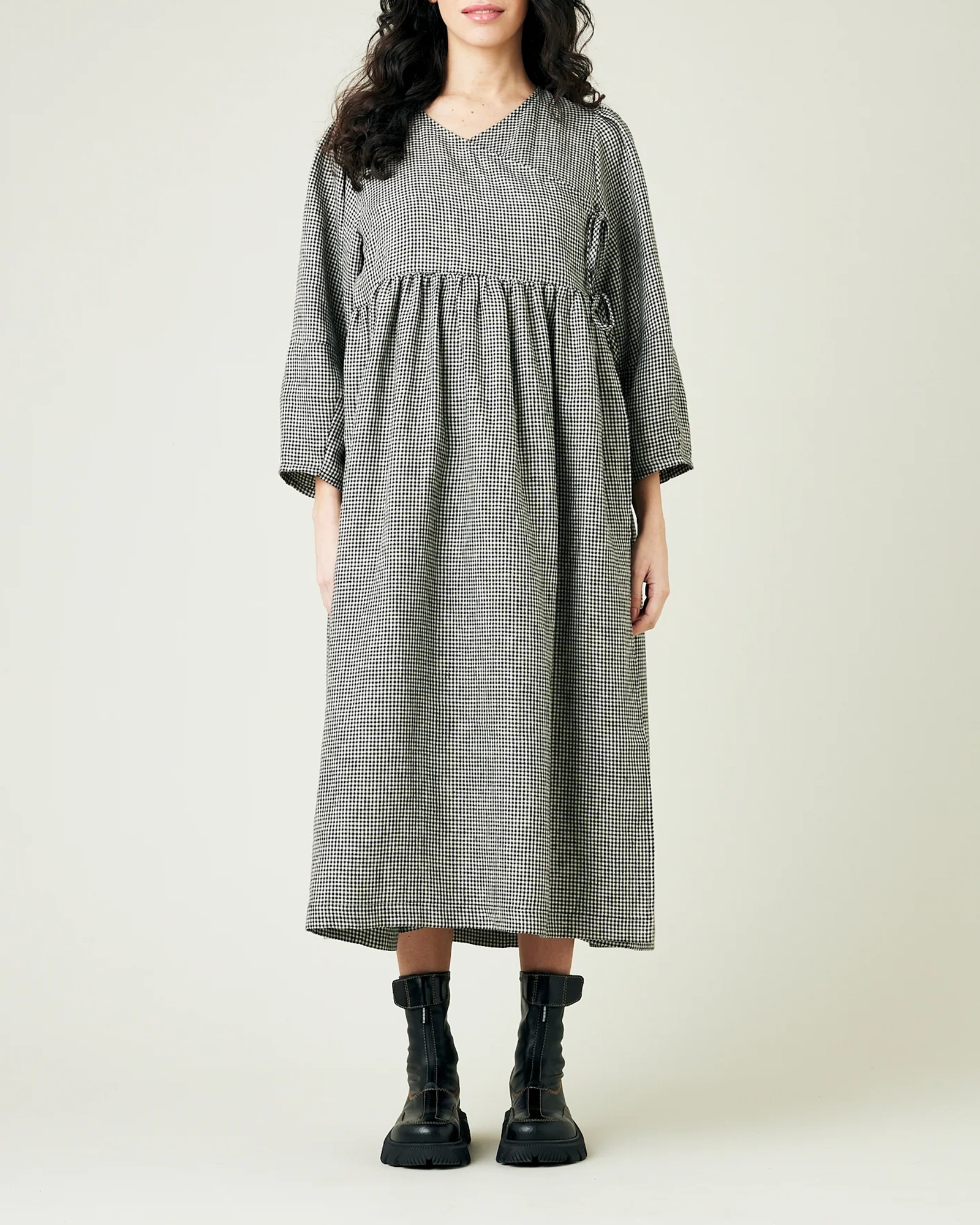 BLACK & STONE MICRO GINGHAM LINEN DRESS