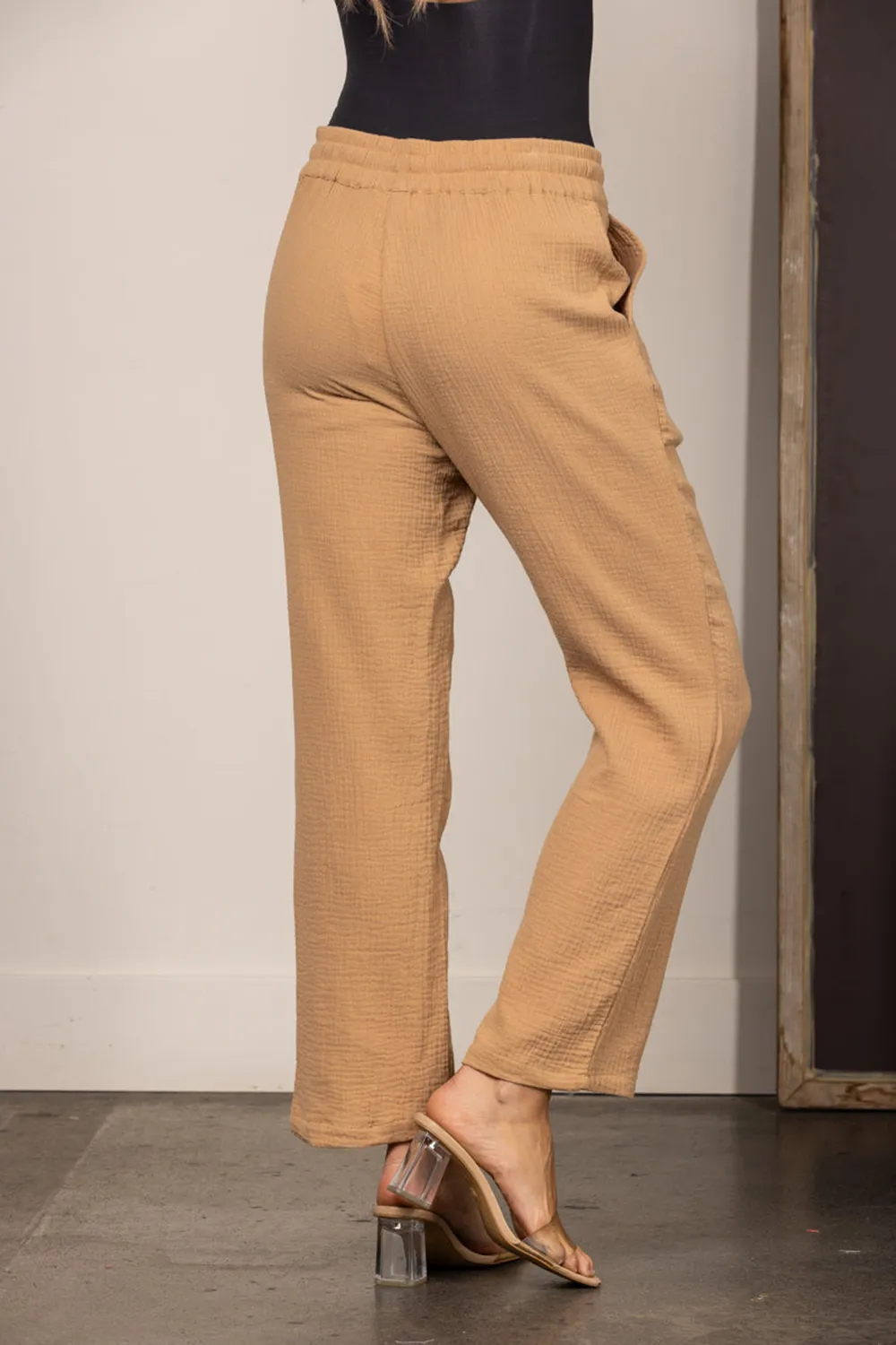 TAUPE DRAWSTRING STRAIGHT LEG LINEN PANTS