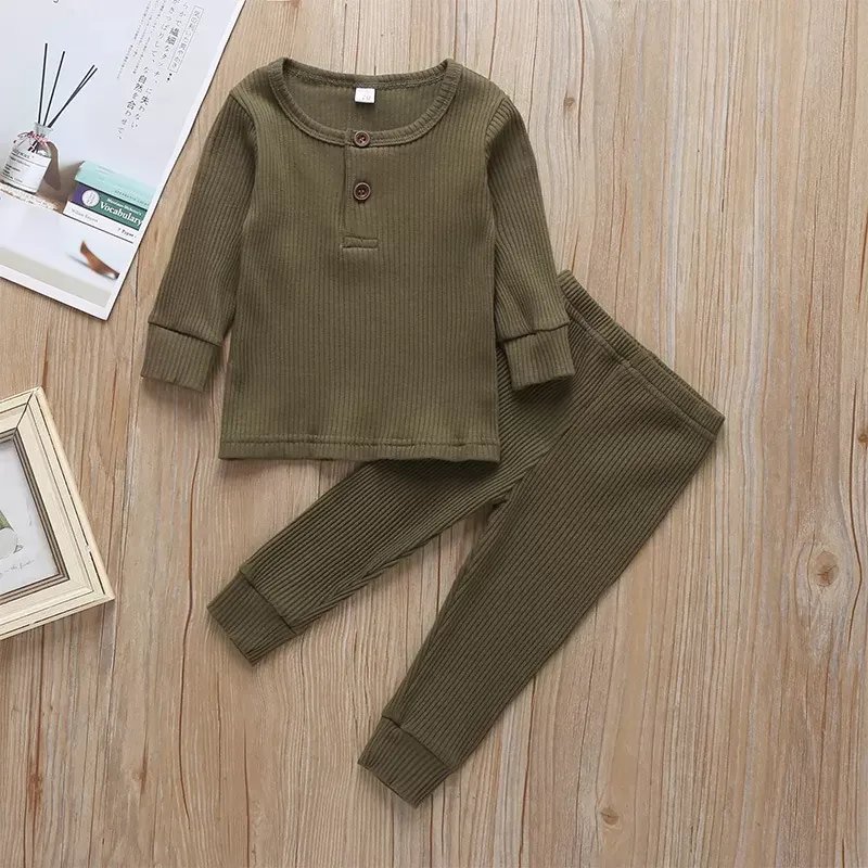 Solid Color Ribbed Kids Pajamas Sets Fashion Children Unisex Clothes Cotton Long Sleeve Pajamas+Pants Spring Autumn Baby Clothing