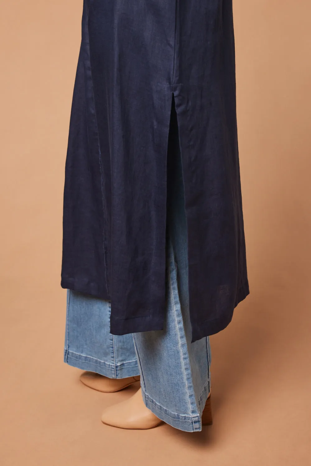 Long Line Fringed Linen Duster Jacket In Navy