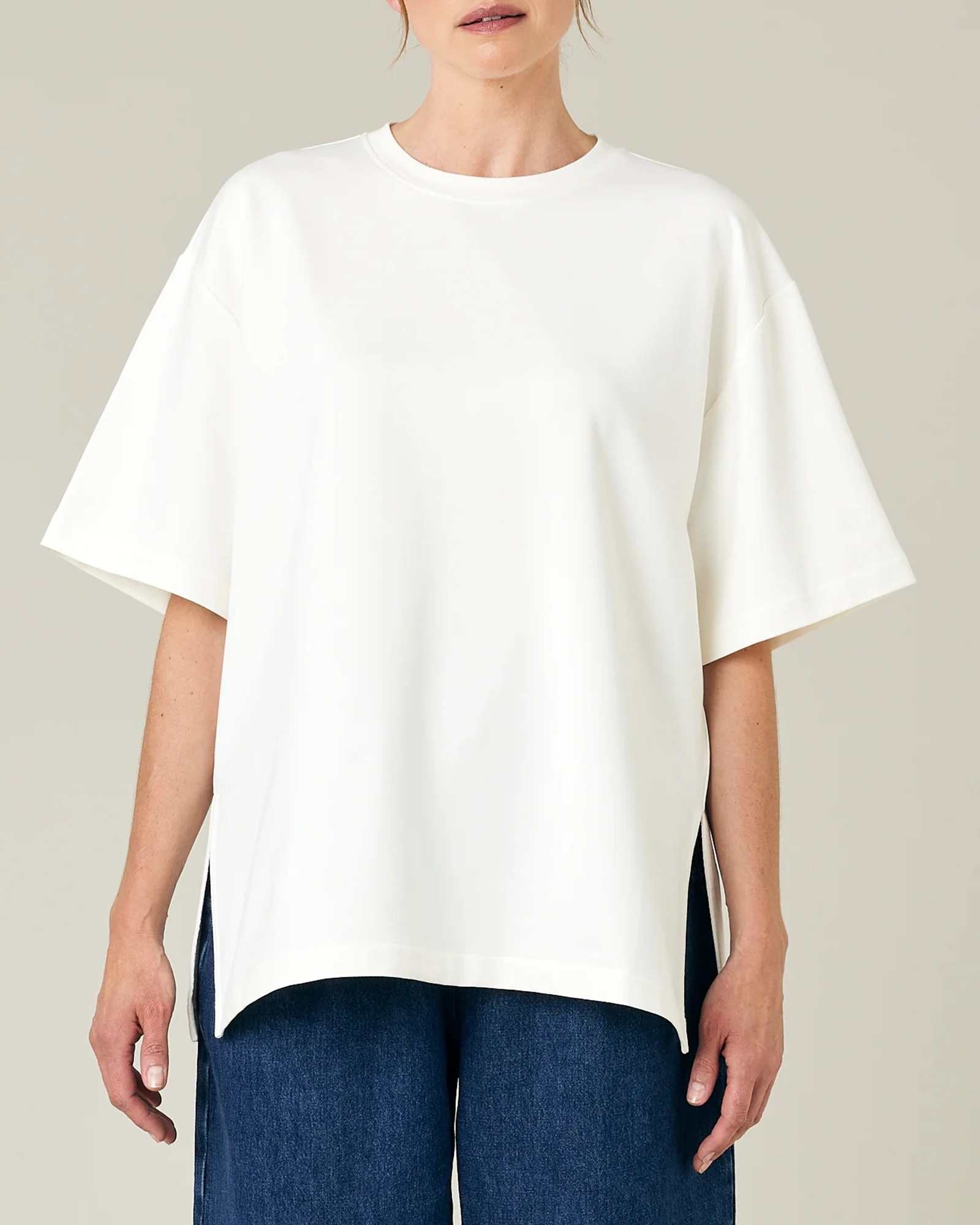 WHITE COTTON JERSEY SHORT DROP SLEEVE TOP