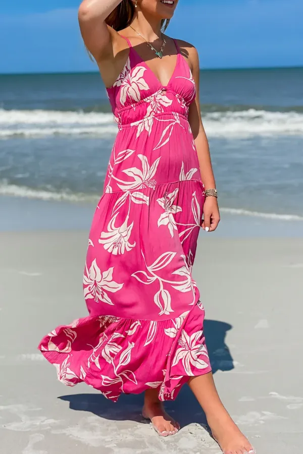 Rose Red Floral V-Neck Long Dress