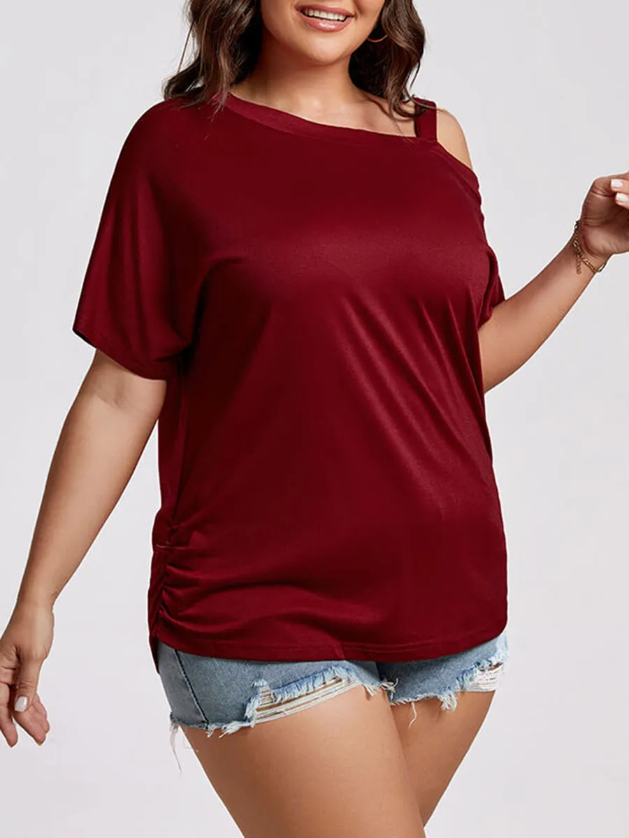 Plus Wine Red Cold Shoulder Batwing Sleeve Ruched Tee