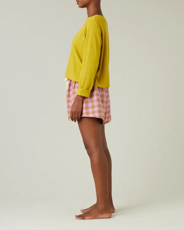 PINK & OLIVE CHECK LINEN SHORT