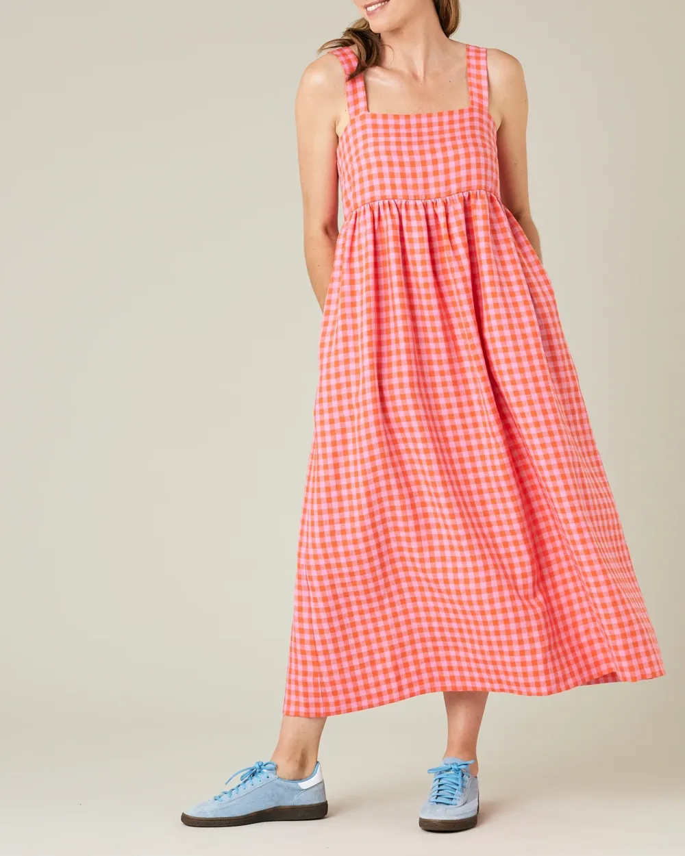 TOMATO & PINK CHECK LINEN DRESS