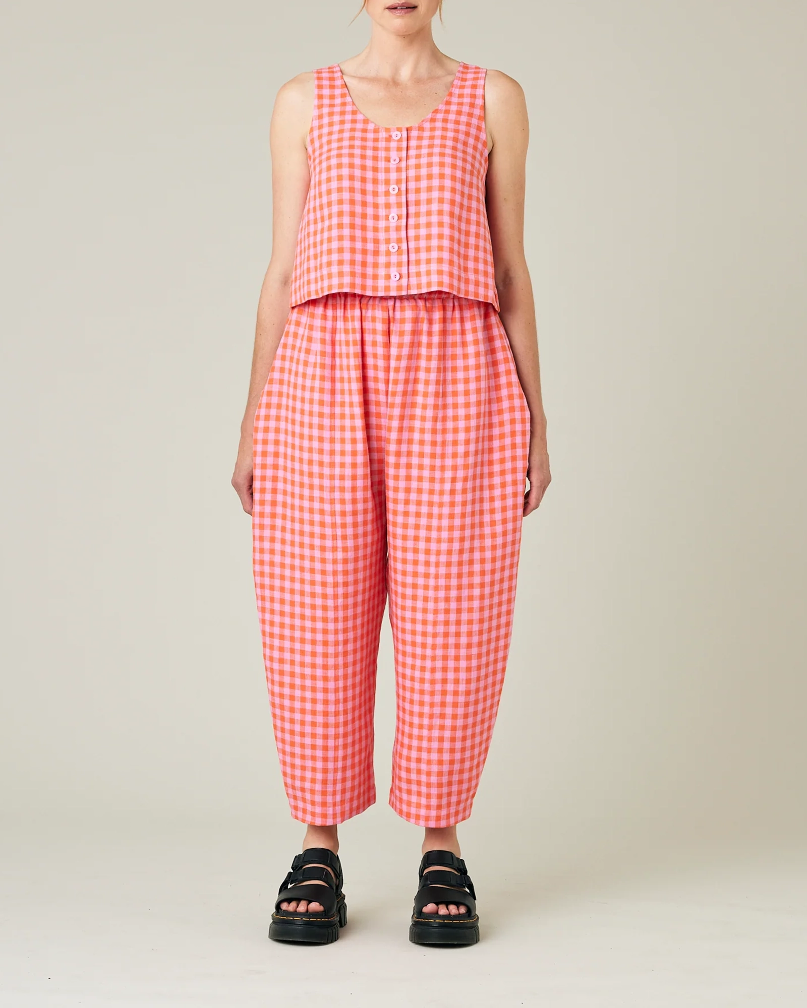 TOMATO & PINK CHECK LINEN TROUSERS