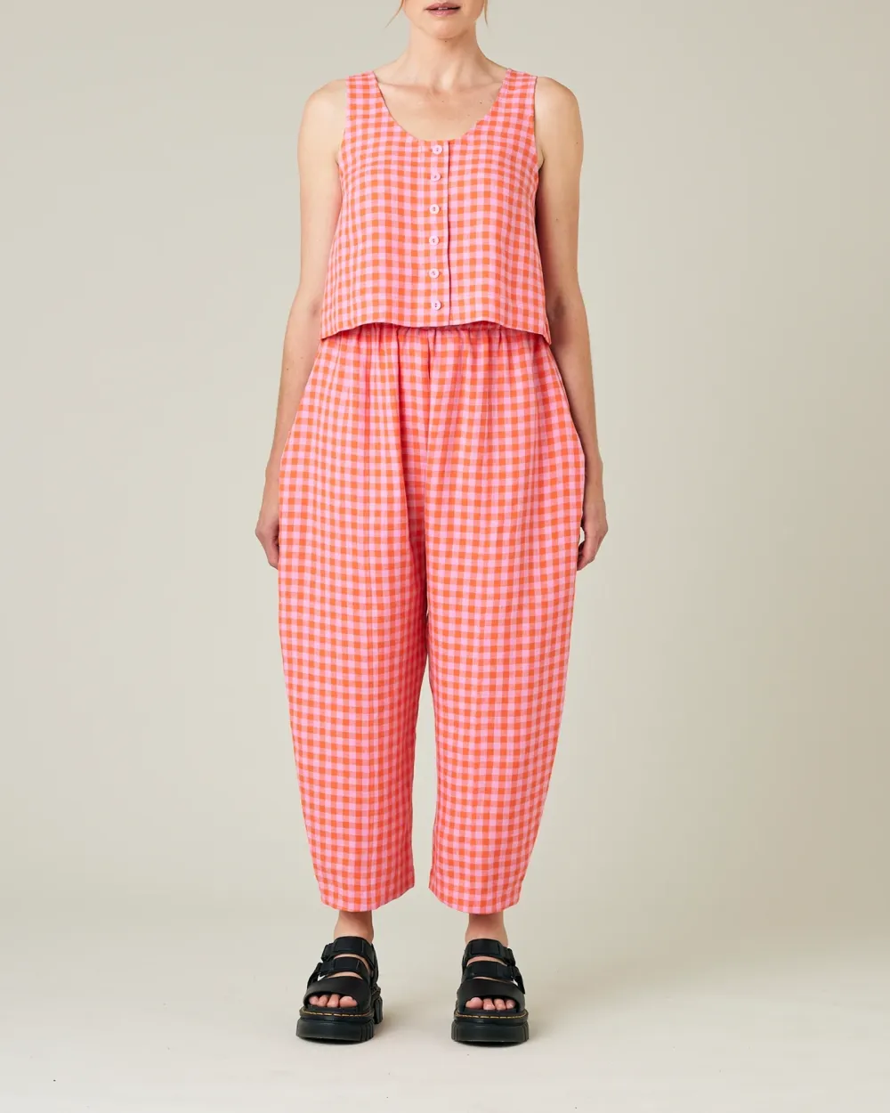 TOMATO & PINK CHECK LINEN TROUSERS