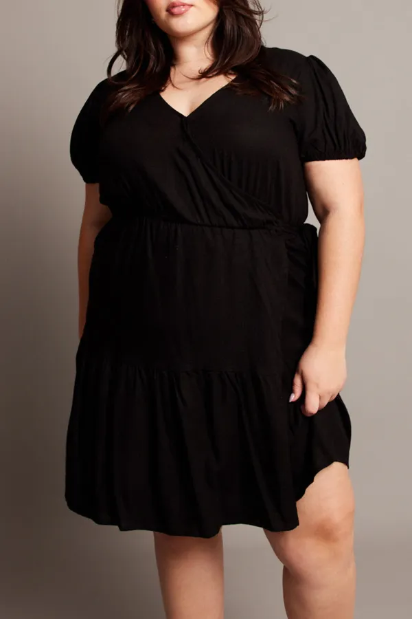 Black Crossover Cotton Blend Tiered Wrap Minidress