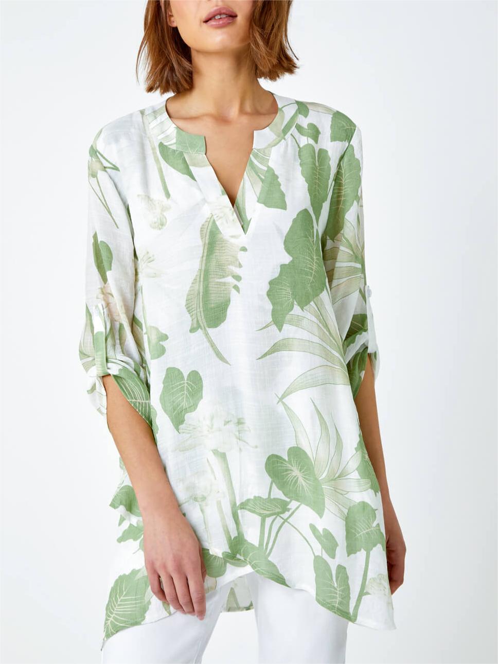 Green Palm Print Wrap Hem Tunic Top