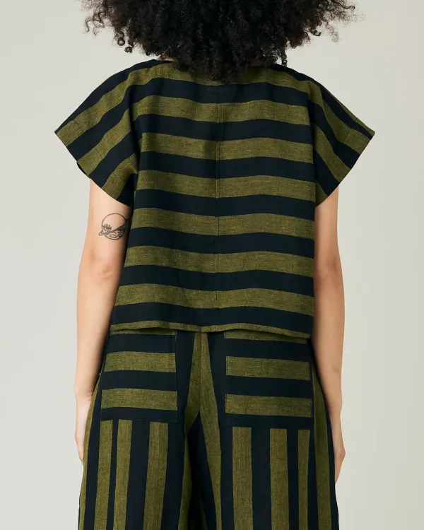 POLLY BLACK & OLIVE STRIPE LINEN TOP