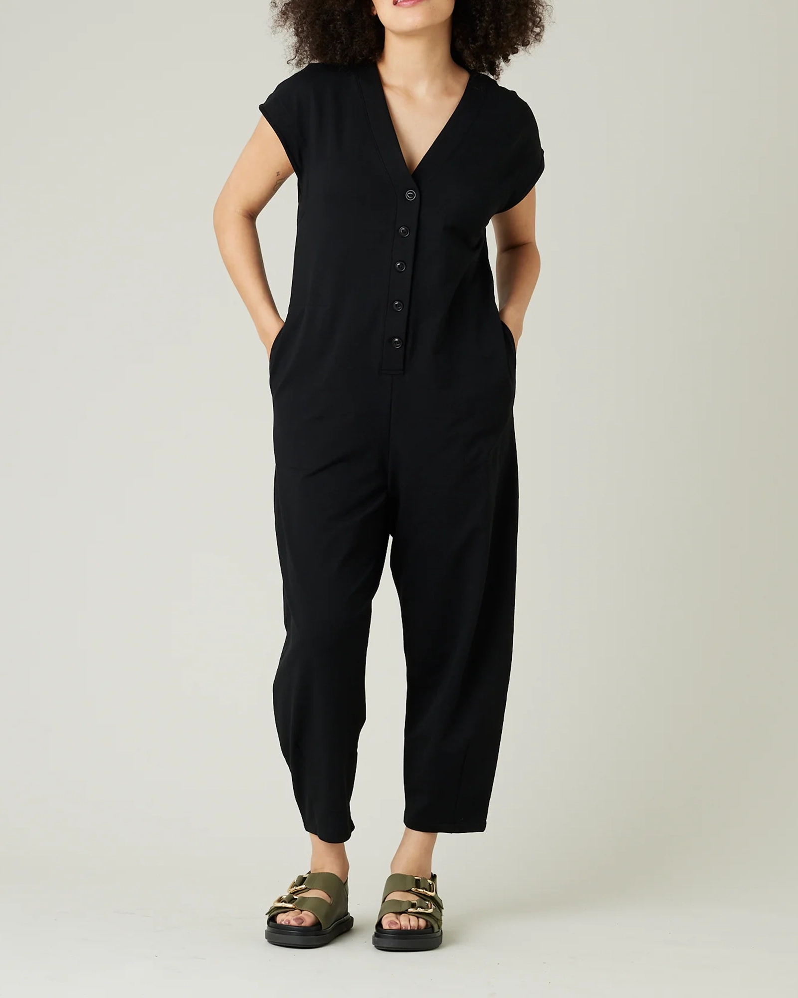 BLACK COTTON JERSEY JUMPSUIT