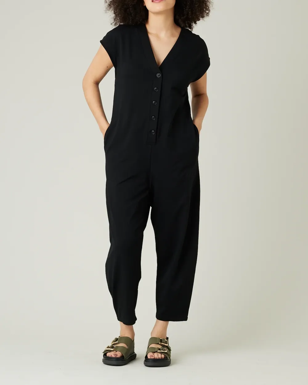 BLACK COTTON JERSEY JUMPSUIT