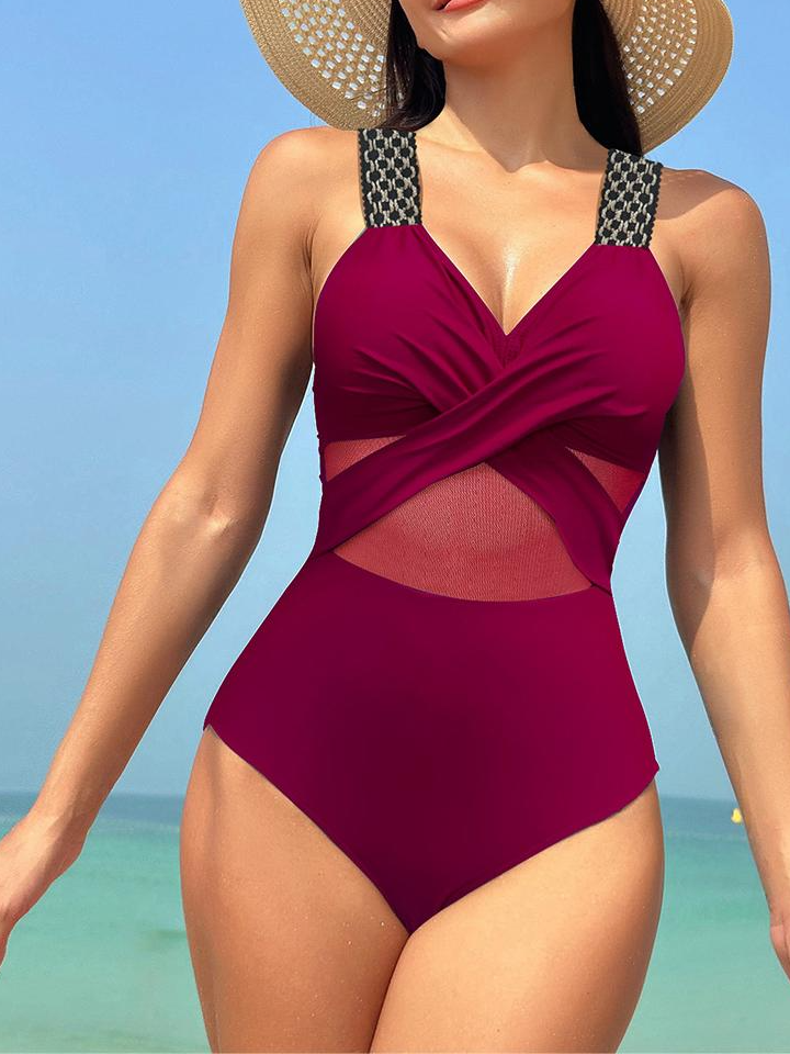 One-piece swimsuit for women solid color mesh bikini swimsuit