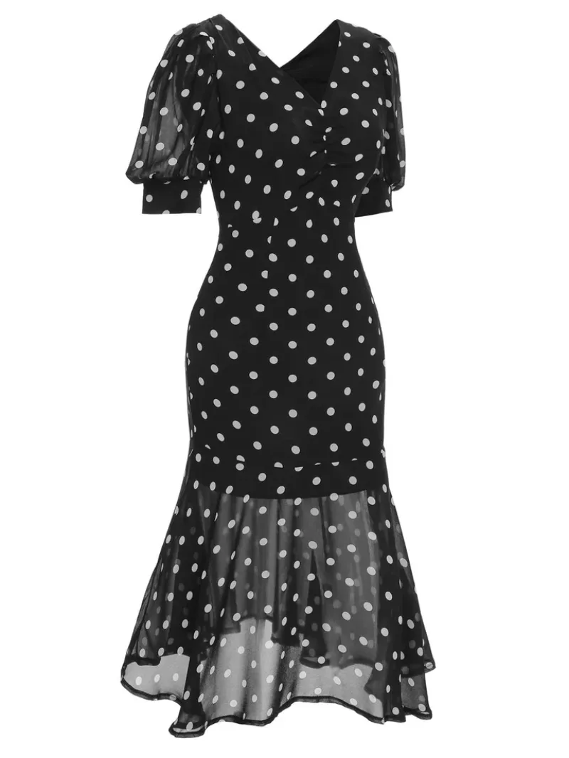 BLACK 1930S POLKA DOT MERMAID DRESS