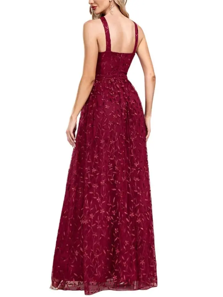 WINE RED 1920S EMBROIDERED MESH MAXI DRESS