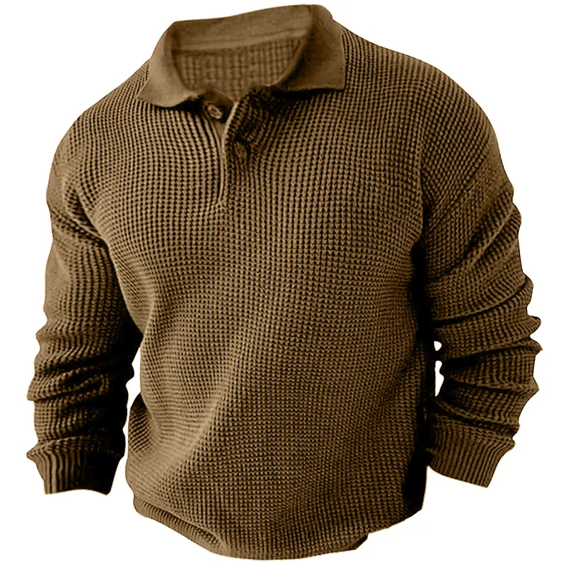 Men's Vintage Long Sleeve Pol Casual Quarter Button Up Lapel Collar Fall Winter O Sweater