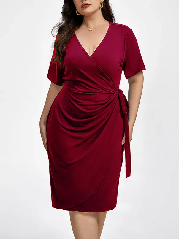 Plus Plain Crisscross Ruched Wrap Party Midi Dress