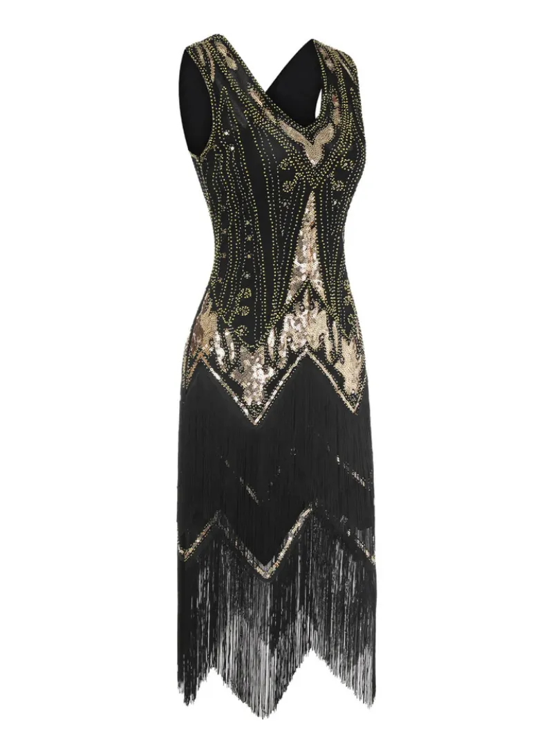 BLACK 1920S ONE-SHOULDER CAPED SEQUINED DRESS