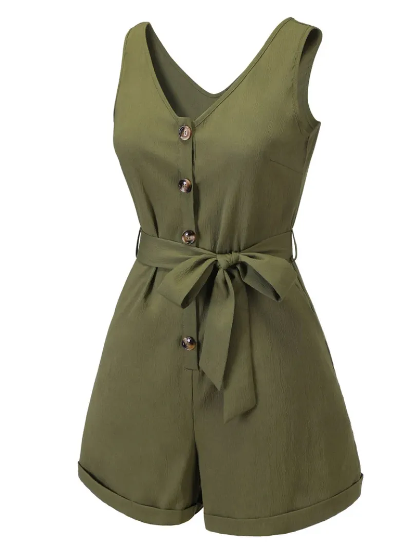 ARMY GREEN 1950S V-NECK BUTTON WAIST TIE ROMPER