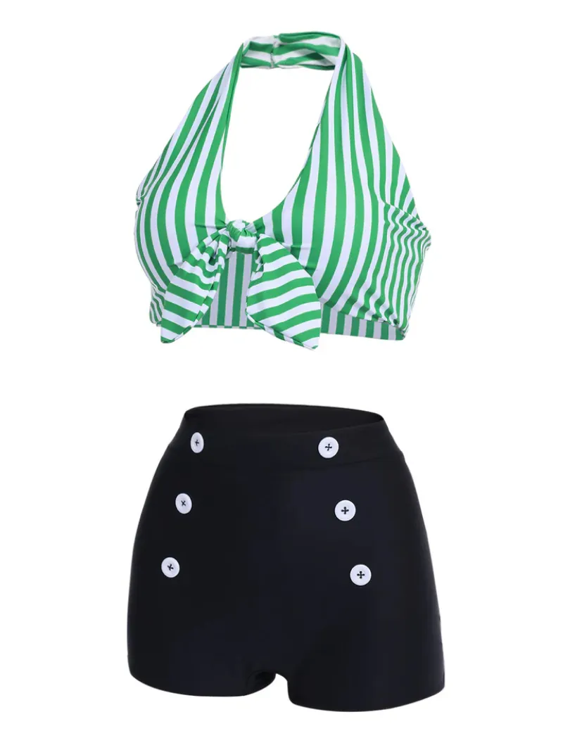 GREEN 1950S RETRO HALTER STRIPES BIKINI SET