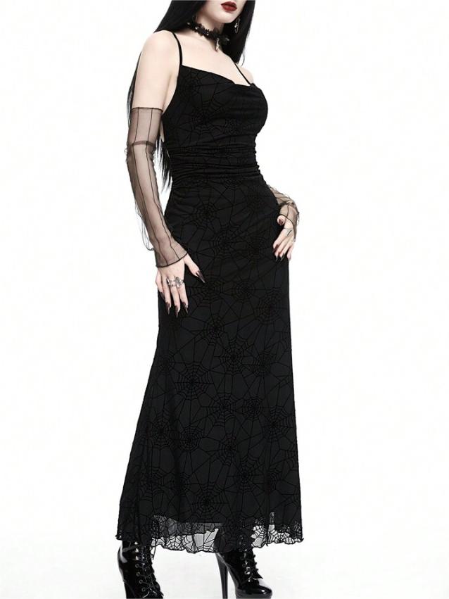 Goth Black Sexy Lady Party Spider Web Velvety Drape Collar Waist Gathering Backless Crisscross Tie-Up Jumpsuit Dress