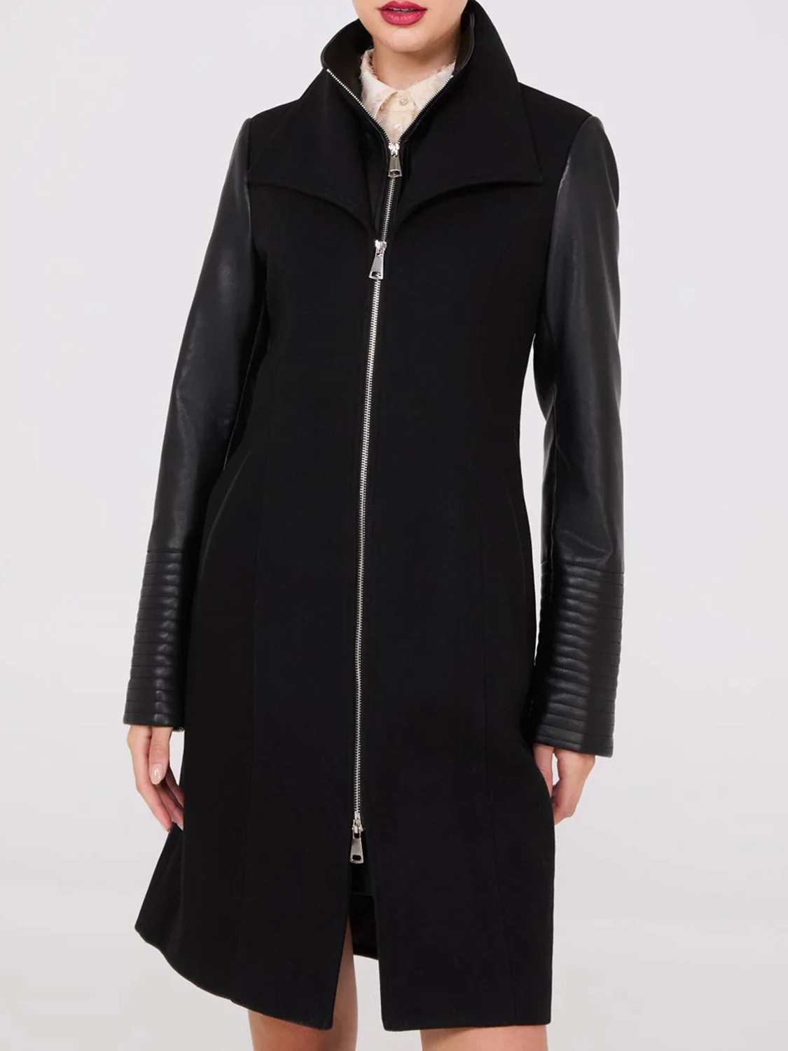 Mid-Length Coat With Faux Leather Details