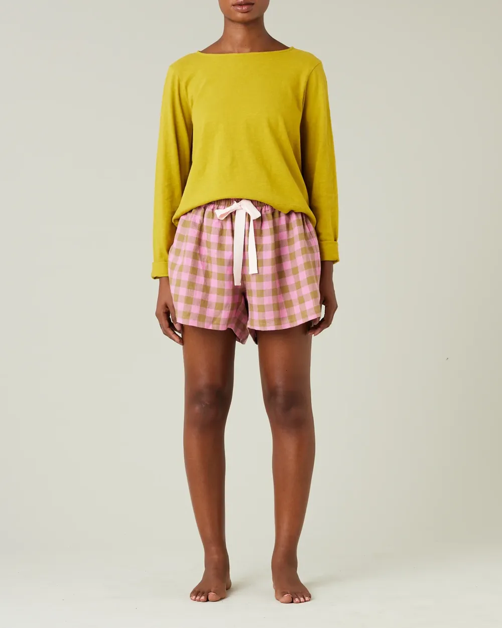 PINK & OLIVE CHECK LINEN SHORT