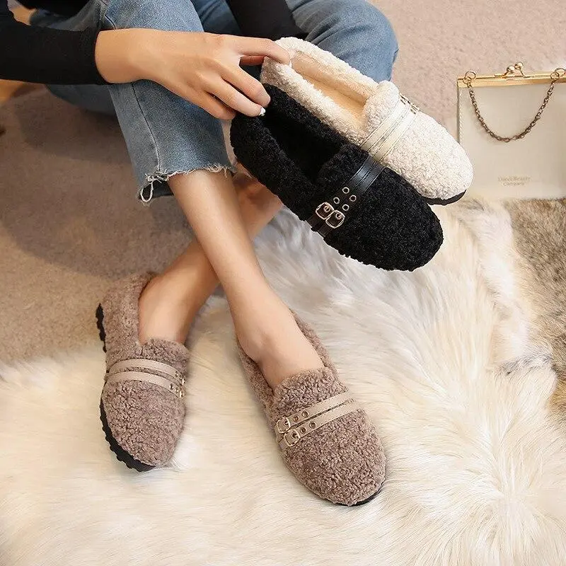 Furry Outer Wearing Flats Loafers Belt Buckle Decor Backless  Wild Fluffy Flat Mules Warm