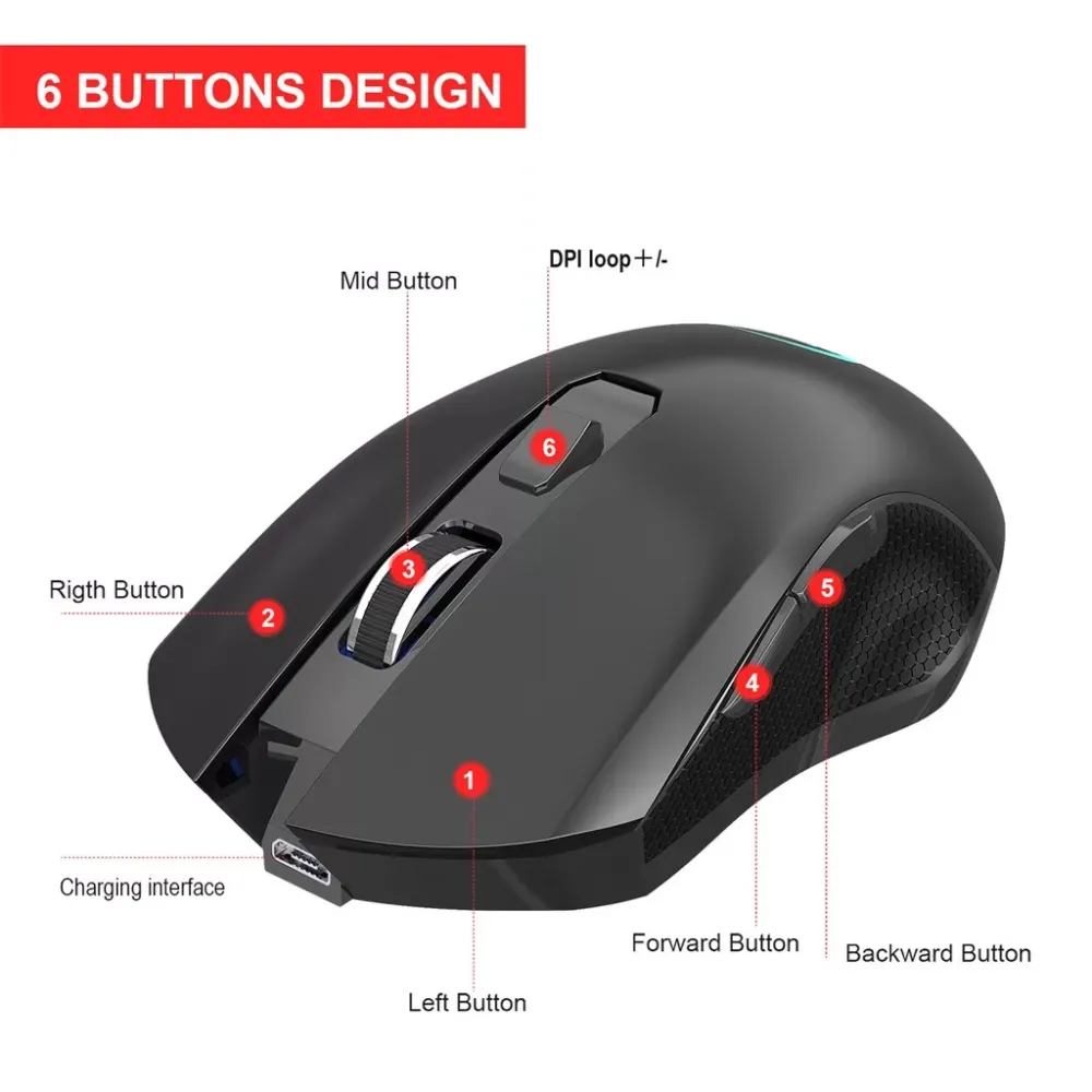 2.4G USB Wireless Mouse 2400DPI Adjustable Rechargeable Colorful Lighting Game Low noise Ergonomic Computer Silent For PC