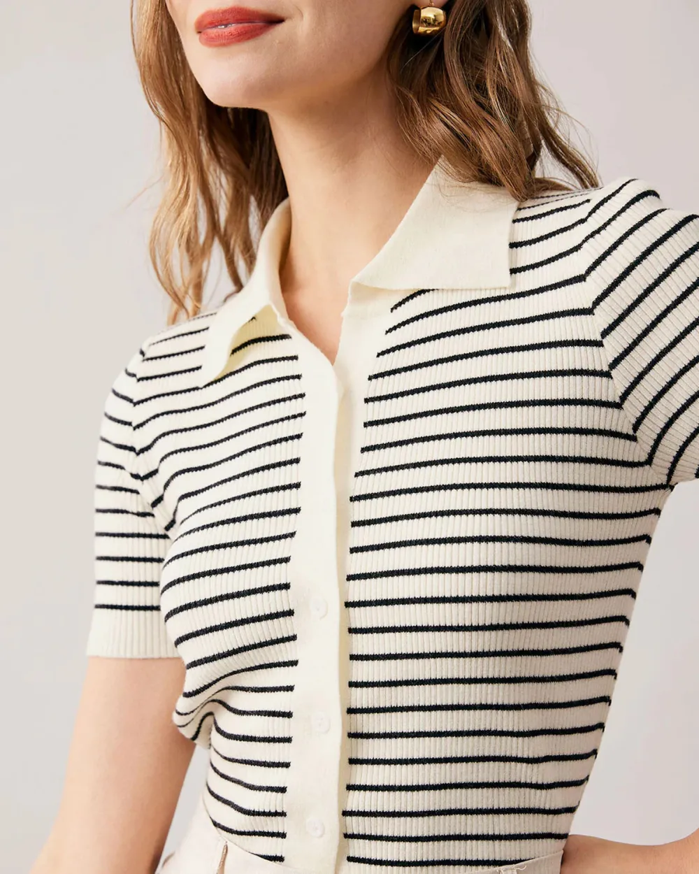 The Lapel Button Up Striped Knit Top