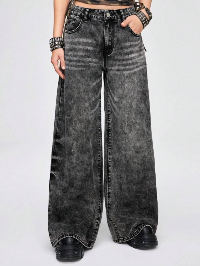 Grunge Punk Grunge Style Vintage Snow Washed Wide Leg Jeans For Women, Streetwear