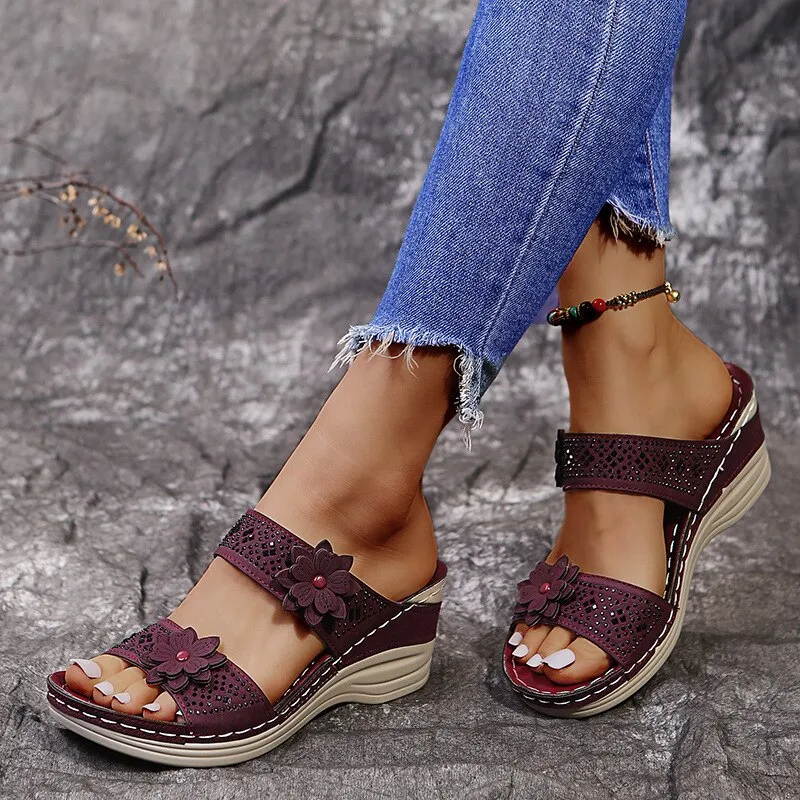 Women Casual Shoes Vintage Flower Fish Mouth Sandals