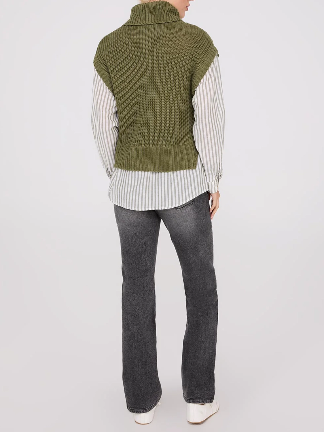 2-Fer Cable Knit Vest With Striped Blouse