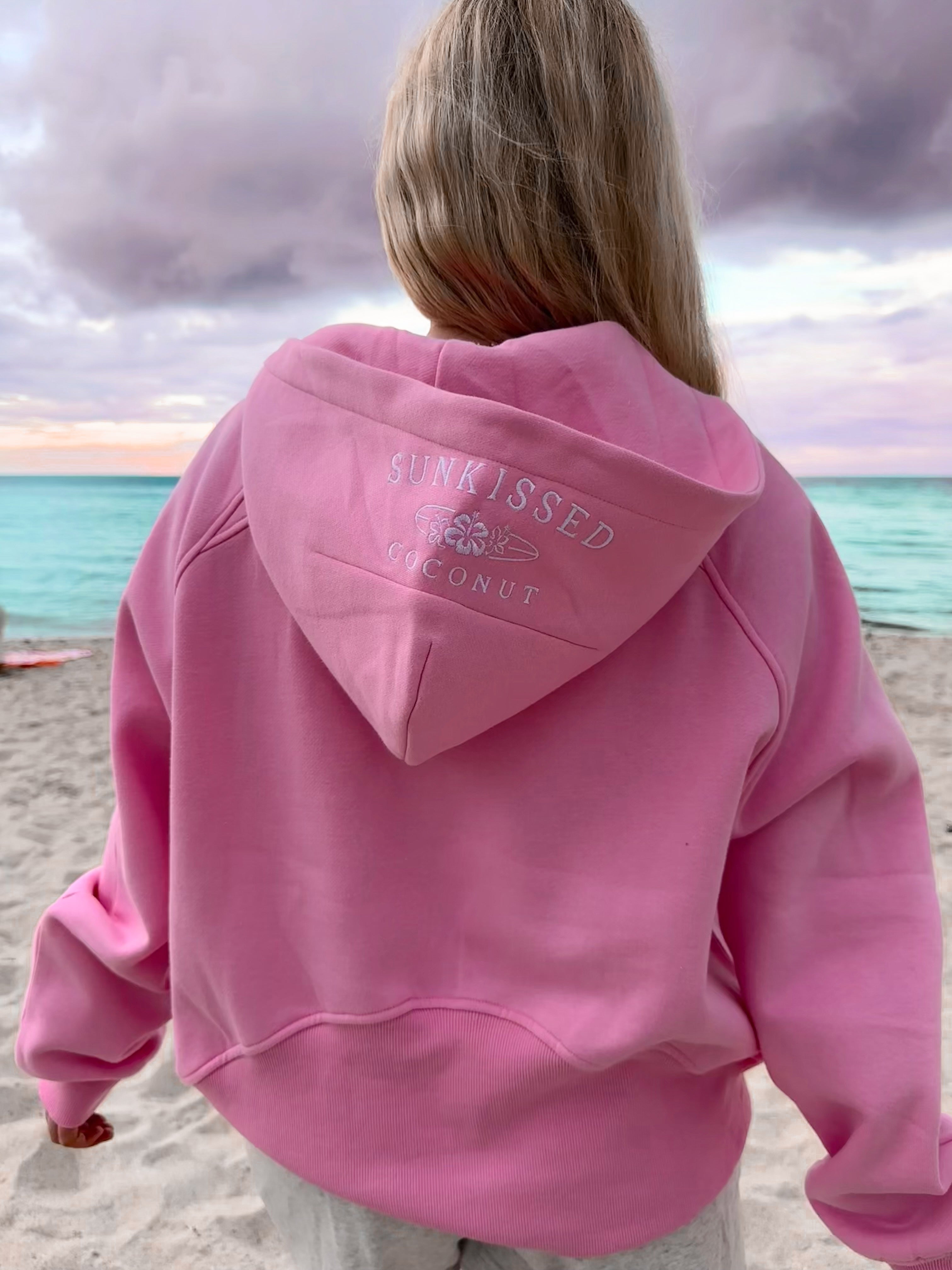 Sweet Pea Pink Pilates Detailed Waist Length Quarter Zip Hoodie