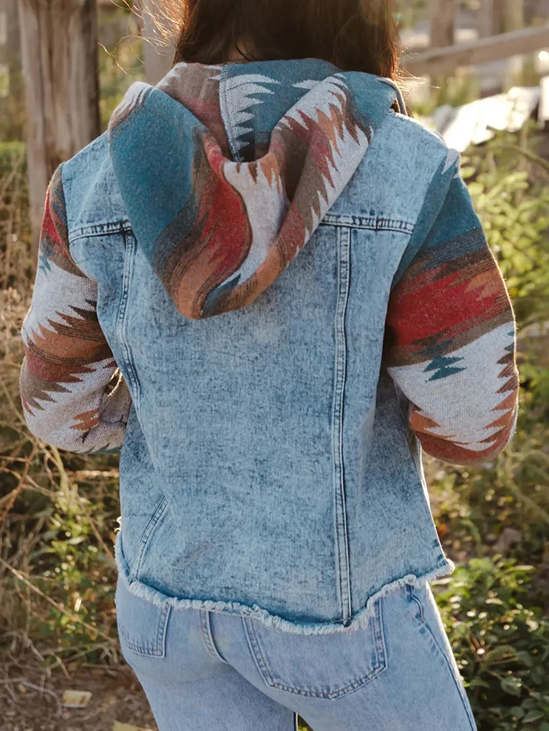 Retro print patchwork hooded denim jacket