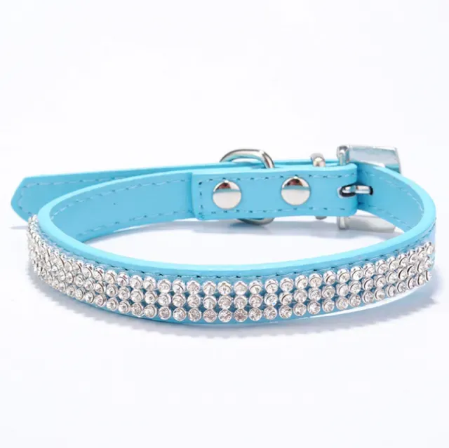 3 Rows Bling Rhinestone Small Pet Dog PU Leather Buckle Cute Cat Crystal Collar