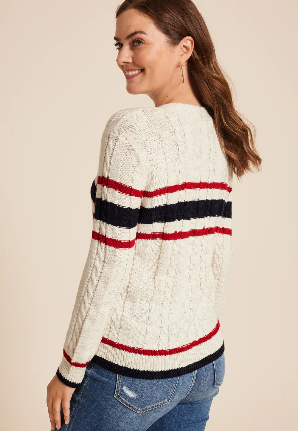 Prep Striped Cable Knit Button Down Cardigan