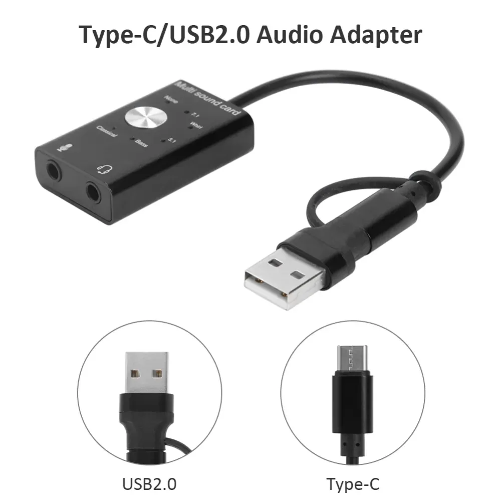 USB 2.0 Type-C External Sound Card 3.5mm Jack Headphone Microphone Audio Aluminum Alloy Shell Card Adapter 200x27x16mm