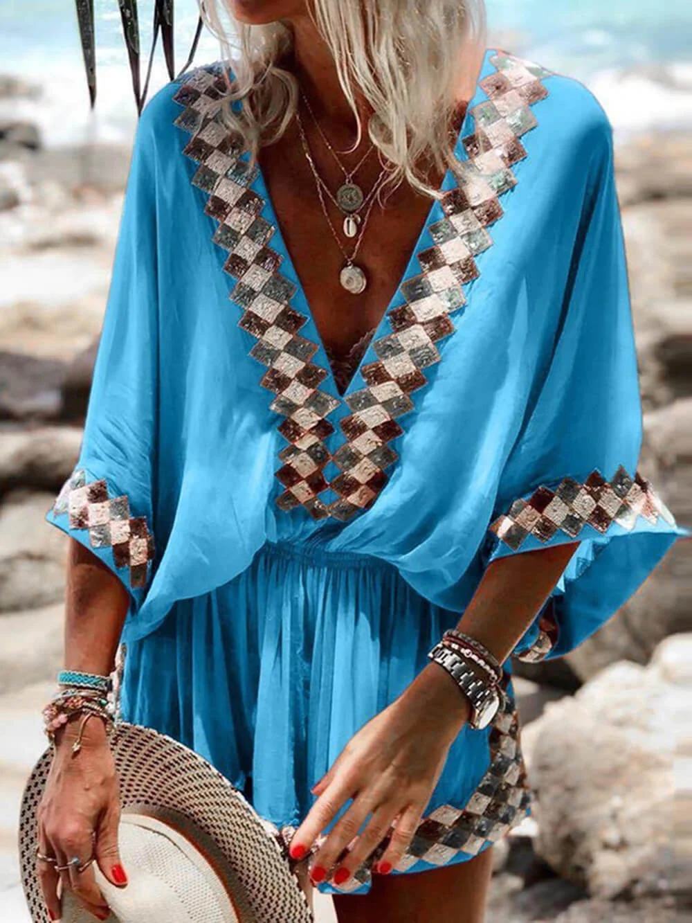 Women'sbeach Print Kimono Romper