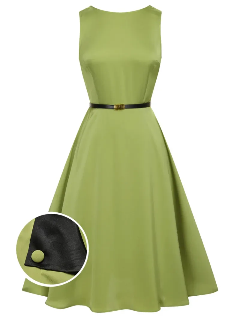 GREEN 1950S BOAT NECK SLEEVELESS BELT DRESS