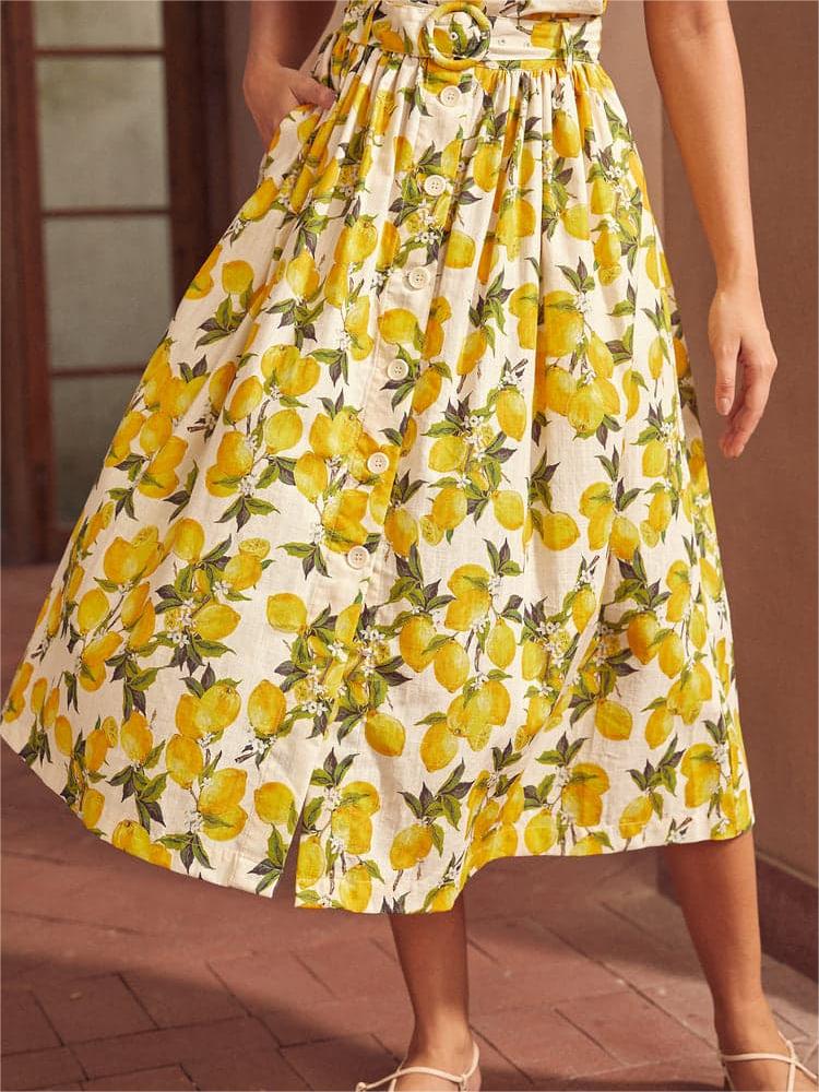 Lemon Printed Pleated Flared Skirts