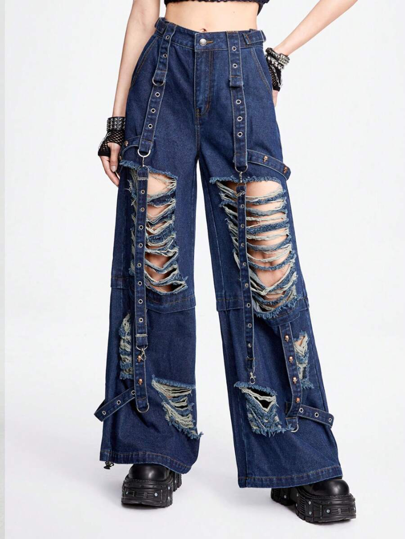 Grunge Punk Punk Street Style Super Loose Ripped Music Festival Cool Skull & Rivet Decor Women's Jeans