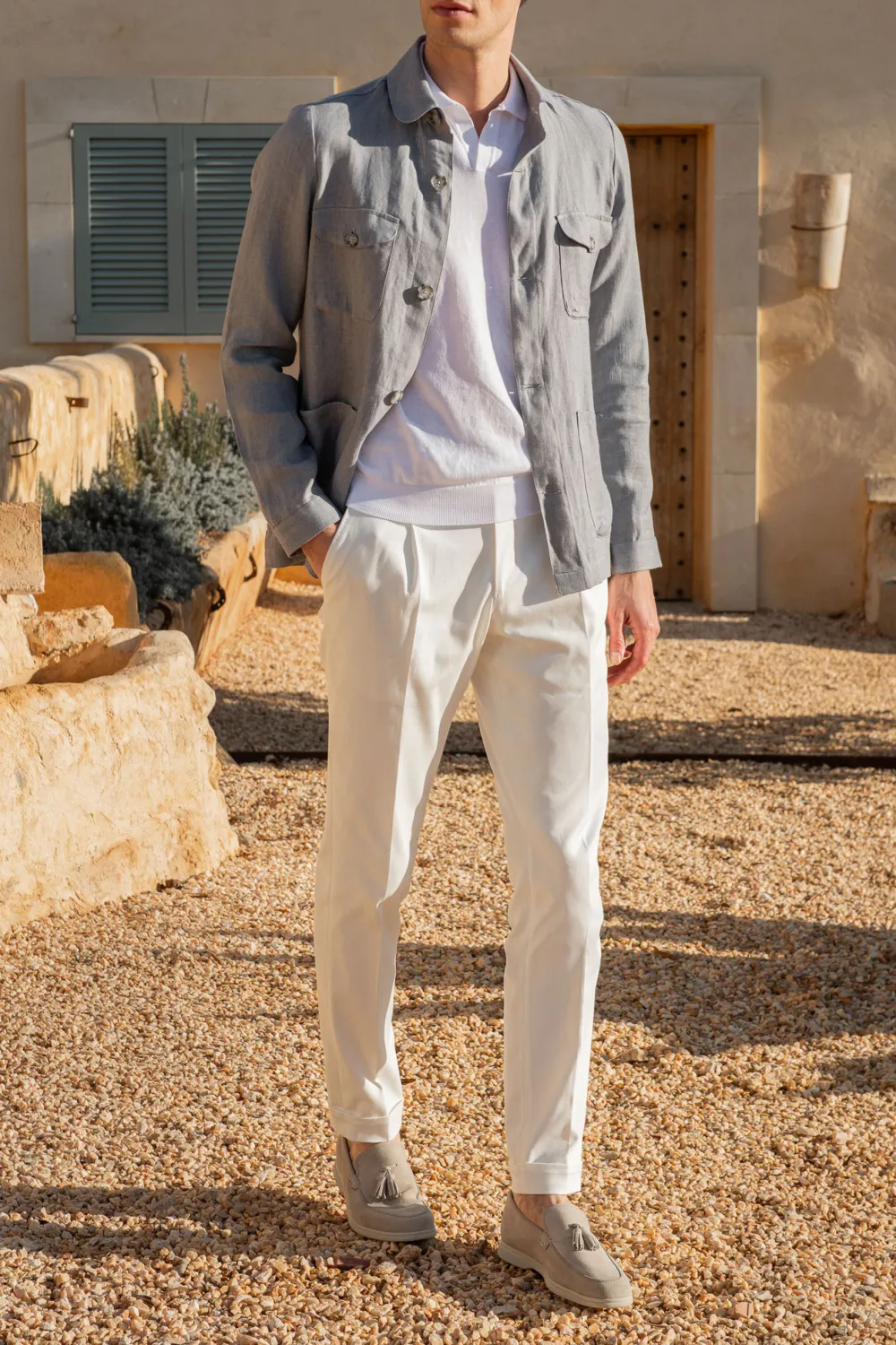 Sky Grey Herringbone Linen Safari Jacket