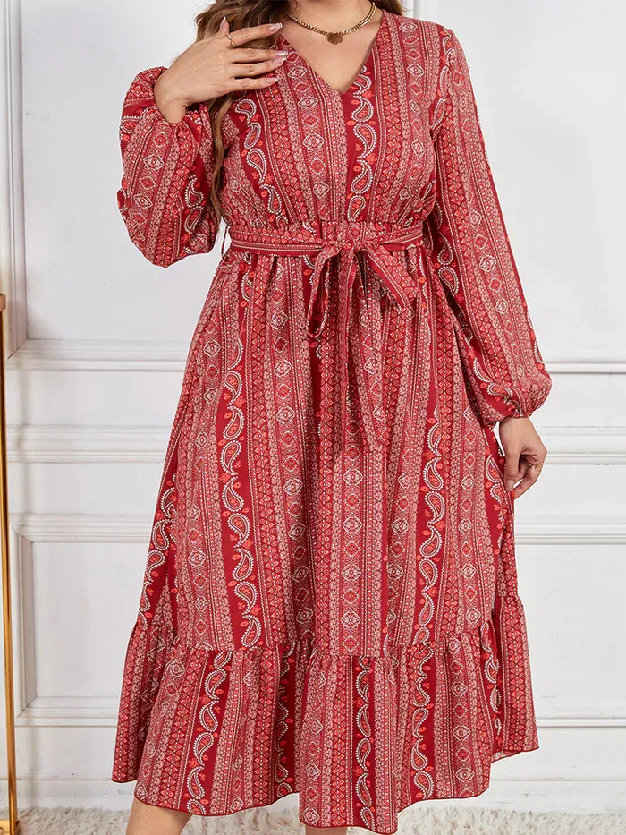 Plus Bandana Print V-Neck Lantern Sleeve Ruched Maxi Dress