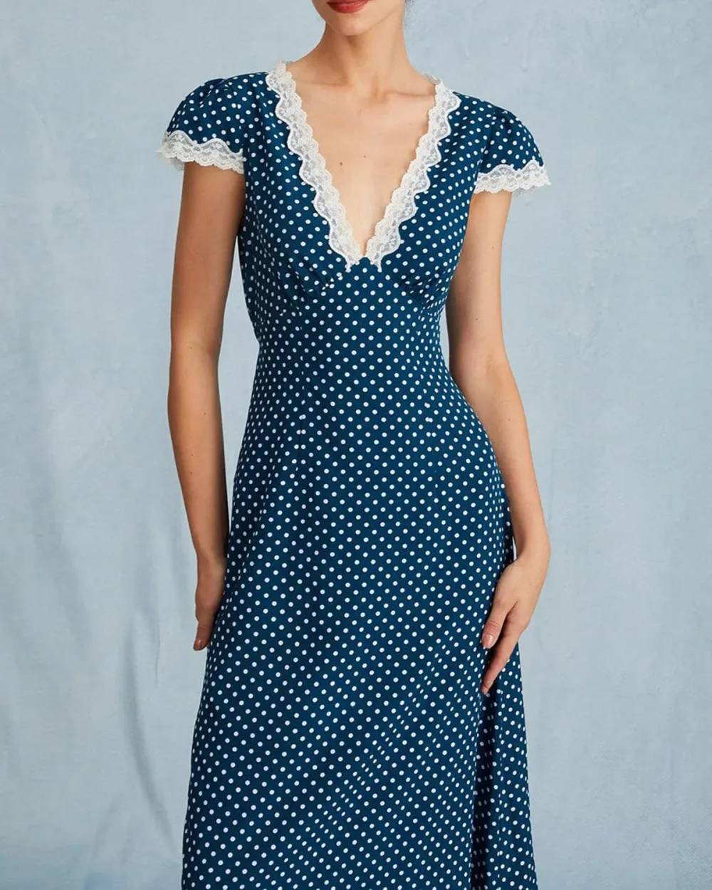 Blue Polka Dot Lace Sleeve Dress