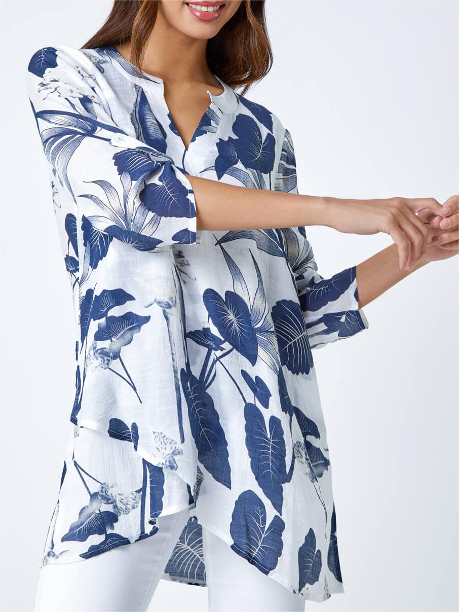 Navy Palm Print V-Neck Wrap Hem Tunic Top