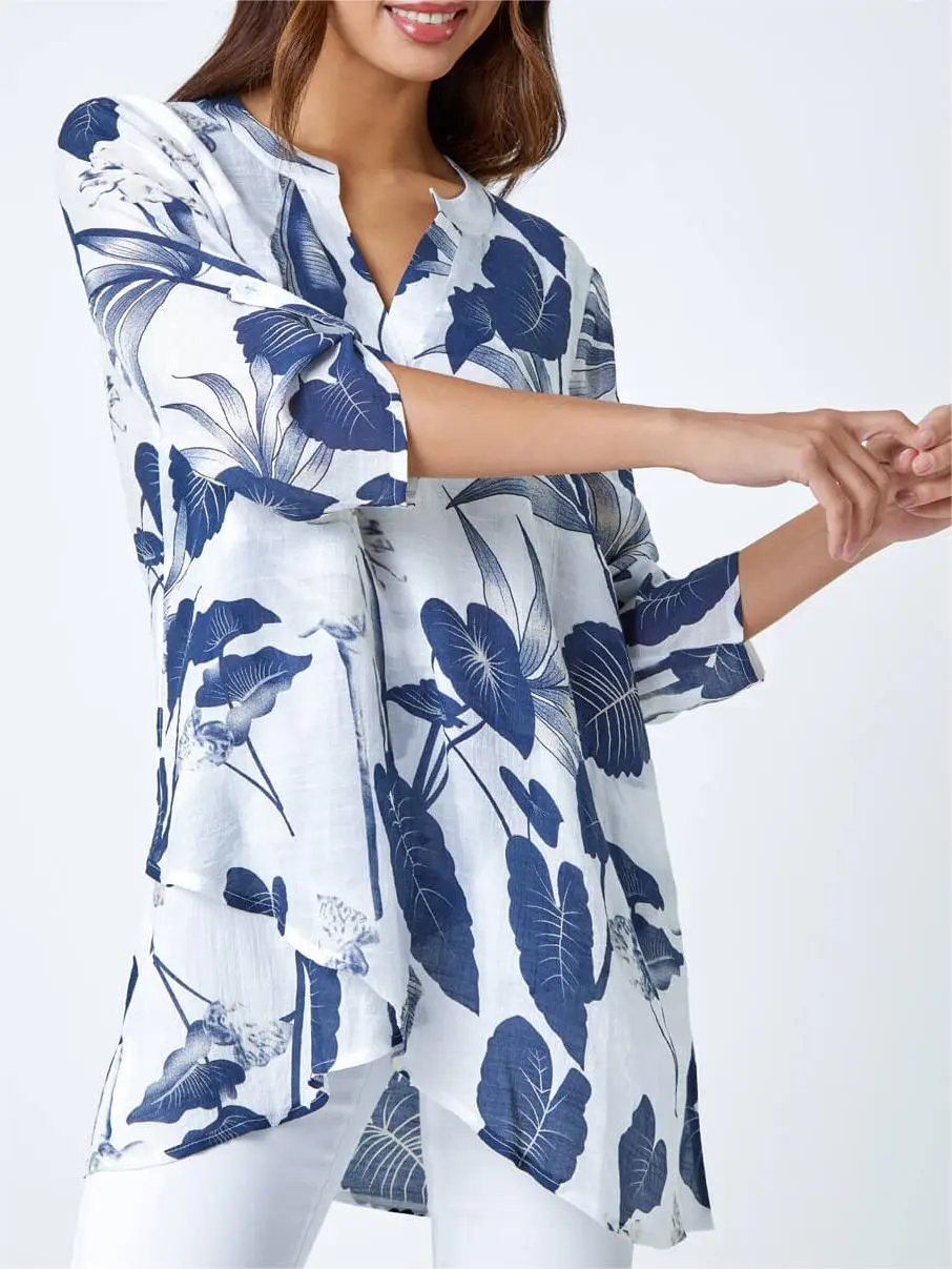 Navy Palm Print V-Neck Wrap Hem Tunic Top