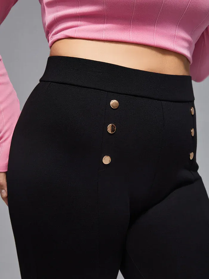 Plus Plain Button Elastic Waist Pants