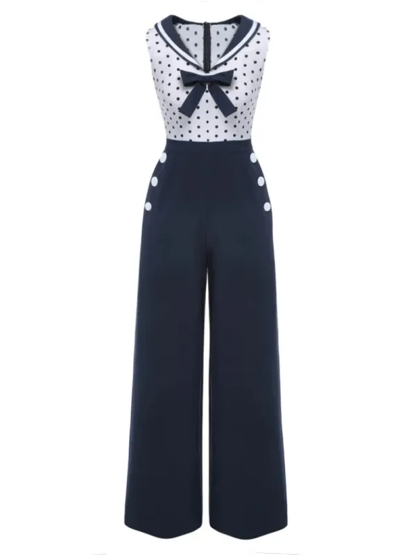 BLUE 1940S POLKA DOT BOW LAPEL JUMPSUIT