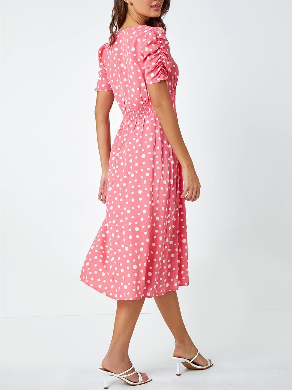 V-neck pink polka dot print dress